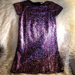 Pink, Navy,  Red, purple & silver sequined dress